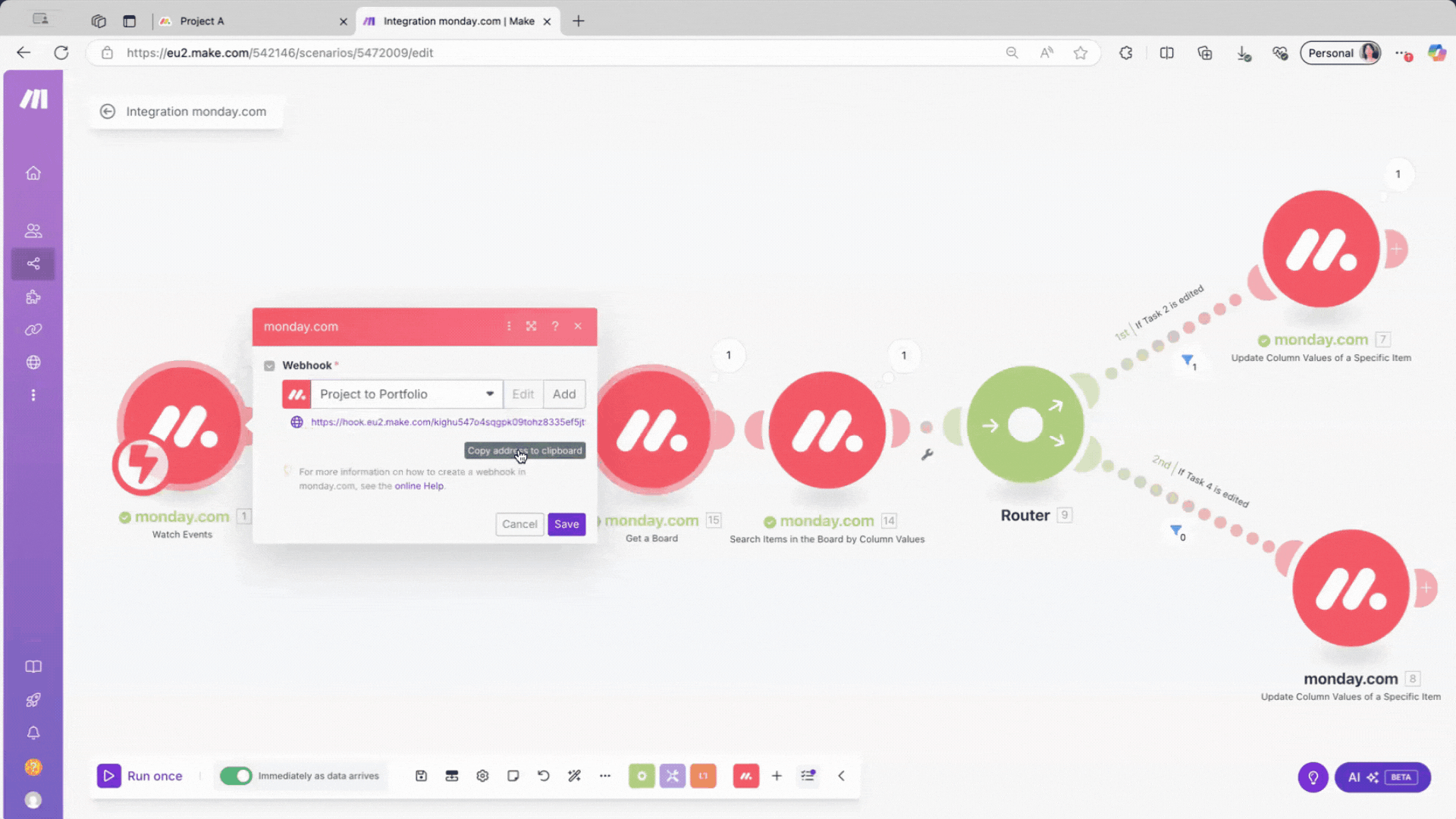 A video showing how to copy and add the webhook URL from Make.com to the monday automation